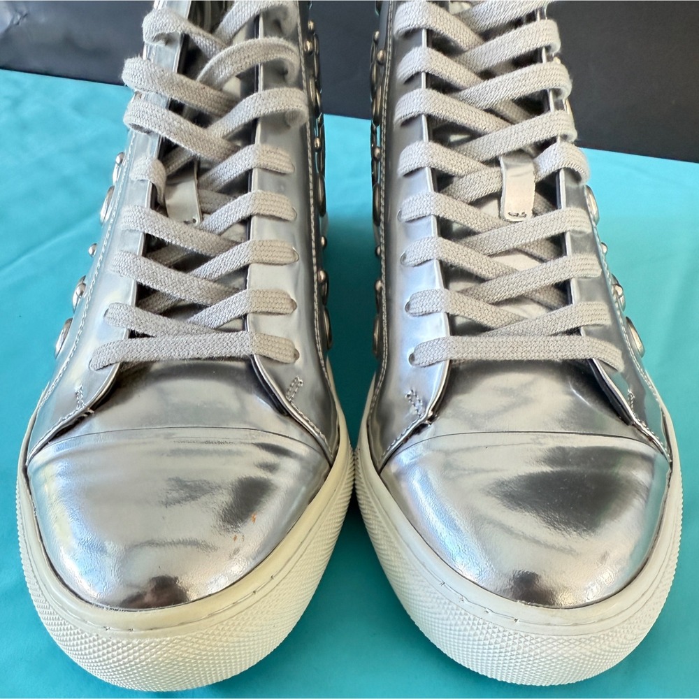 Versace Versus Men's Silver Riveted High Top‎ Leather Sneakers, 39 - Picture 13 of 15